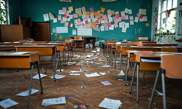 An abandoned classroom with scattered papers and disorganized desks.