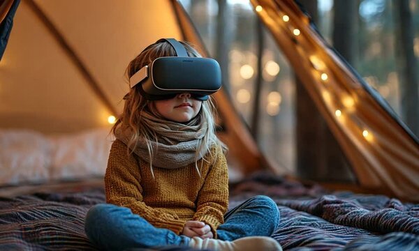 Child wearing virtual reality headset in a cozy tent setting.