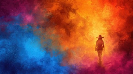 Fototapeta premium Silhouette of a lone figure amidst vibrant colorful swirls