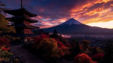 Majestic Mount Fuji at Sunrise with Pagoda