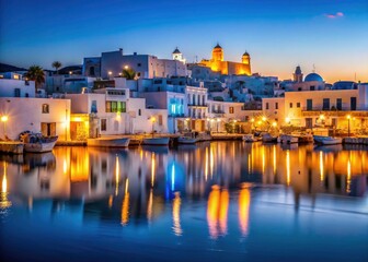 Fototapeta premium Naousa Paros Night Photography: Picturesque Greek Island Night Scene, Cyclades Island Night View