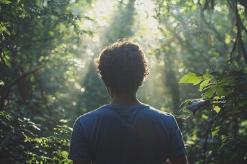 Man hiking through dense forest, sunlight streaming through trees.