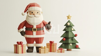 low poly natural wooden figure of santa claus, with gift boxes and christmas tree. single wooden color material, white background