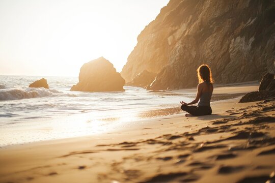 Woman doing yoga on a serene beach at sunrise.