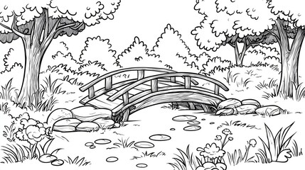 Obraz premium Coloring page of Bridge in Scenic Forest Landscape