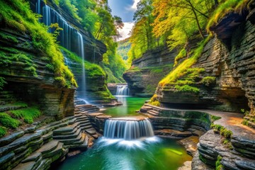 Fototapeta premium High-definition photography captures Watkins Glen's stunning waterfalls and Seneca Lake's depth.