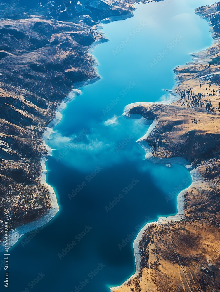 Poster aerial view of a serene mountain lake with blue waters surrounded by rugged terrain : generative ai