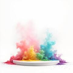 festive template for indian festival of colors holi, empty white round podium in the center among multicolored bright colors and colorful smoke