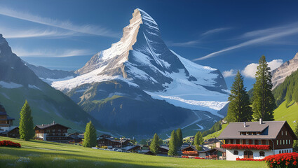 Matterhorn peak at misty dawn. Zermatt, Switzerland, Generative AI
