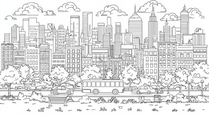 Fototapeta premium Coloring page of City Skyline with Trees, Cars, and Clouds