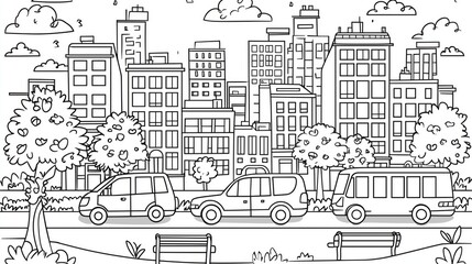 Naklejka premium Coloring page of with Cars and Trees in Black and White