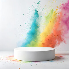 festive template for indian festival of colors holi, empty white round podium in the center among colorful paints