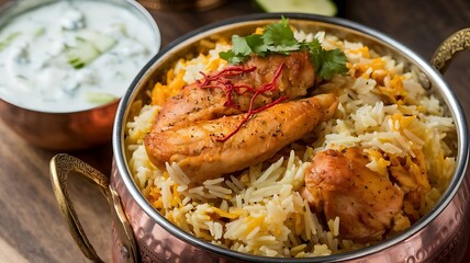 Fototapeta premium Aromatic chicken biryani with saffron, served in a traditional copper vessel alongside a bowl of cooling raita