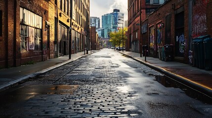 Fototapeta premium Sunlit Urban Alleyway with Historic Red Brick Buildings in a Modern Cityscape : Generative AI