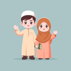 Adorable Cartoon Illustration of Muslim Boy and Girl in Traditional Islamic Clothing Smiling and Waving Featuring a Clean And Light Background