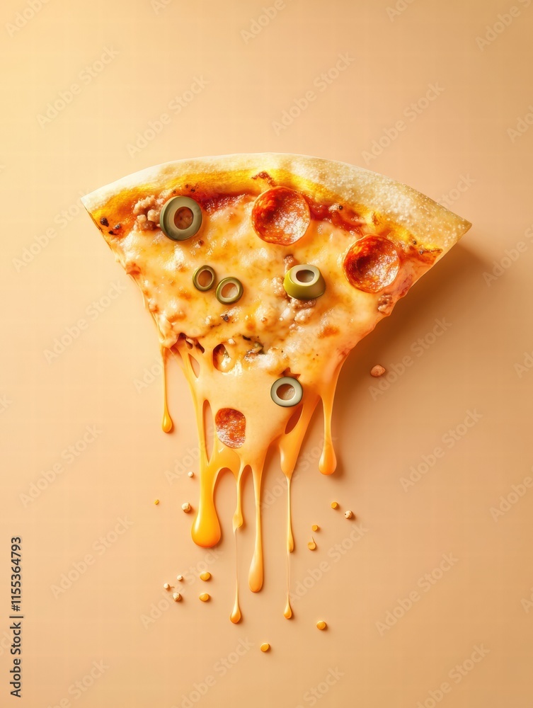 Aufkleber Pizza slice with stylized cheese drips and toppings on a minimalist background showcases culinary art. Generative AI