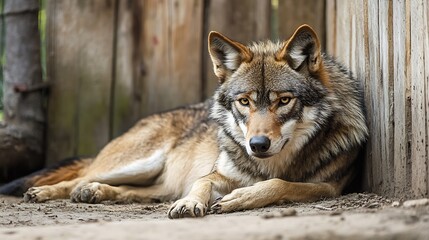 Fototapeta premium Majestic Wolf Relaxing on Dirt Ground Against Wooden Fence Background : Generative AI