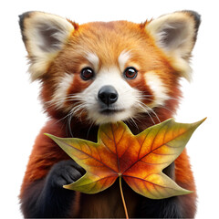 Obraz premium Red panda holding a leaf in his hand isolated on transparent background