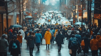 Obraz premium Crowded city street with diverse people walking in winter clothes