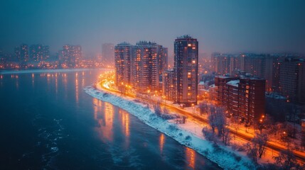 Cityscape at night with glowing buildings along the waterfront