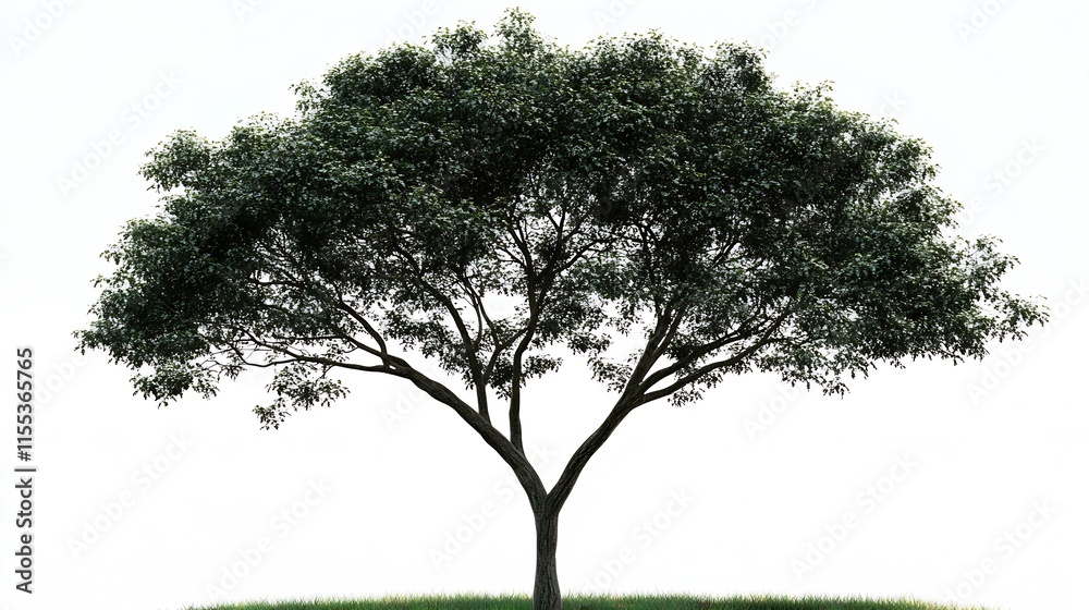 Poster solitary tree with dense foliage and lush grass on white background : generative ai