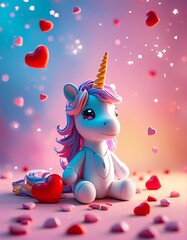 Fototapeta premium Cute unicorn figurine surrounded by colorful hearts and stars in a whimsical setting