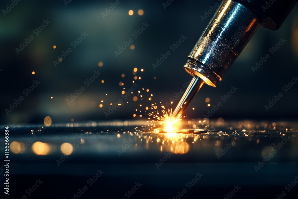 Poster A metallic tool emits bright sparks while working over a steel surface in a dimly-lit workshop, creating an industrial and dynamic atmosphere with vivid motion.