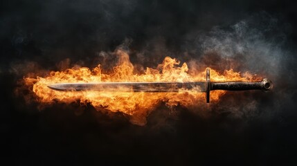 A fiery sword bathed in vibrant flames intricately interwoven with a mystical smoke, creating an ethereal image of power, legacy, and enduring strength.