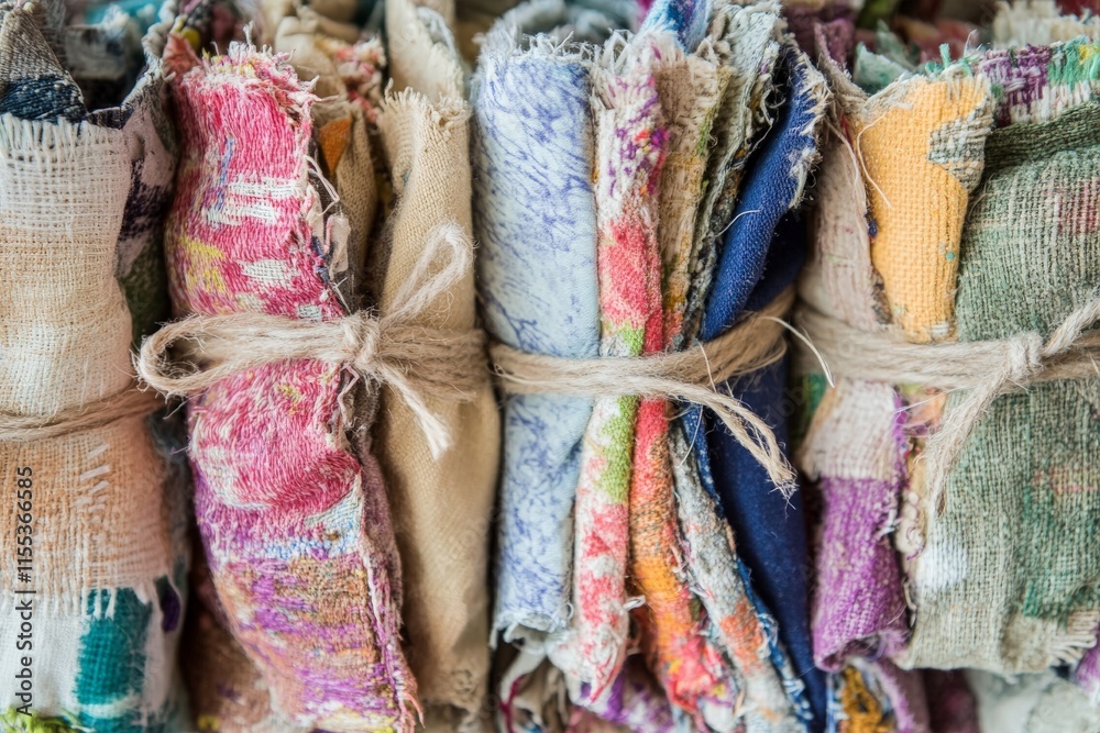 Poster several bundles of colorful fabrics, each tied securely with twine, display a variety of textures an