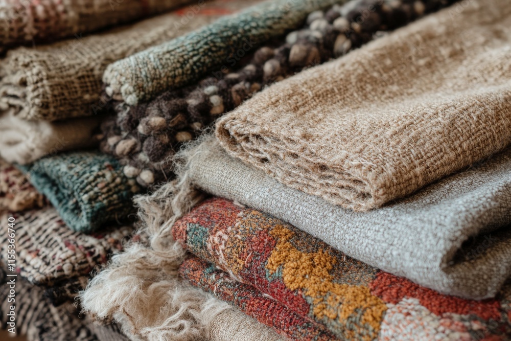 Poster A collection of various textured fabrics stacked neatly, showcasing a range of colors and patterns, perfect for crafting or interior design inspiration.