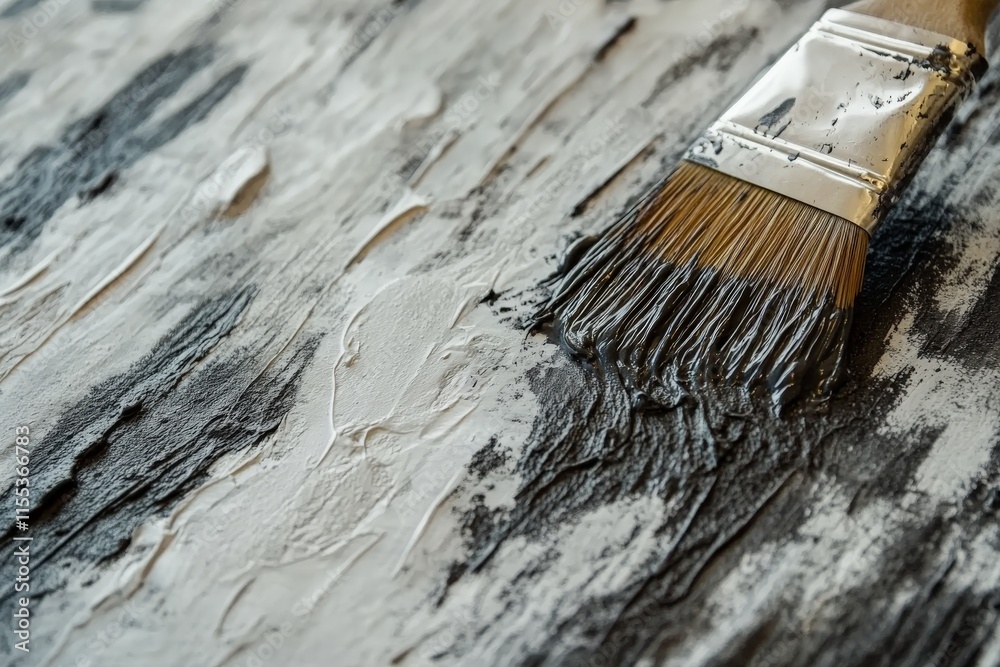 Fototapete A paintbrush creates abstract textures using a minimalistic black and white color scheme, emphasizing artistic expression and creativity on a textured canvas surface.