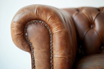 A close-up look at the button detailing and textured finish of a classic Chesterfield sofa in brown leather, highlighting the timeless appeal of vintage design.