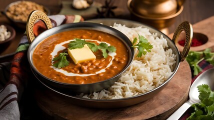 Rich and creamy dal makhani topped with butter, served with steamed basmati rice and garnished with cilantro on rustic table