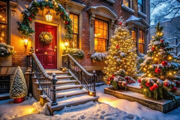 Fototapeta premium Snowy Townhouse Stoop Holiday Lights Festive Winter Scene Cozy Christmas Decor