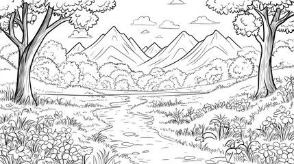 Obraz premium Coloring page of Serene Mountain Landscape with Flowing Stream and Lush Vegetation
