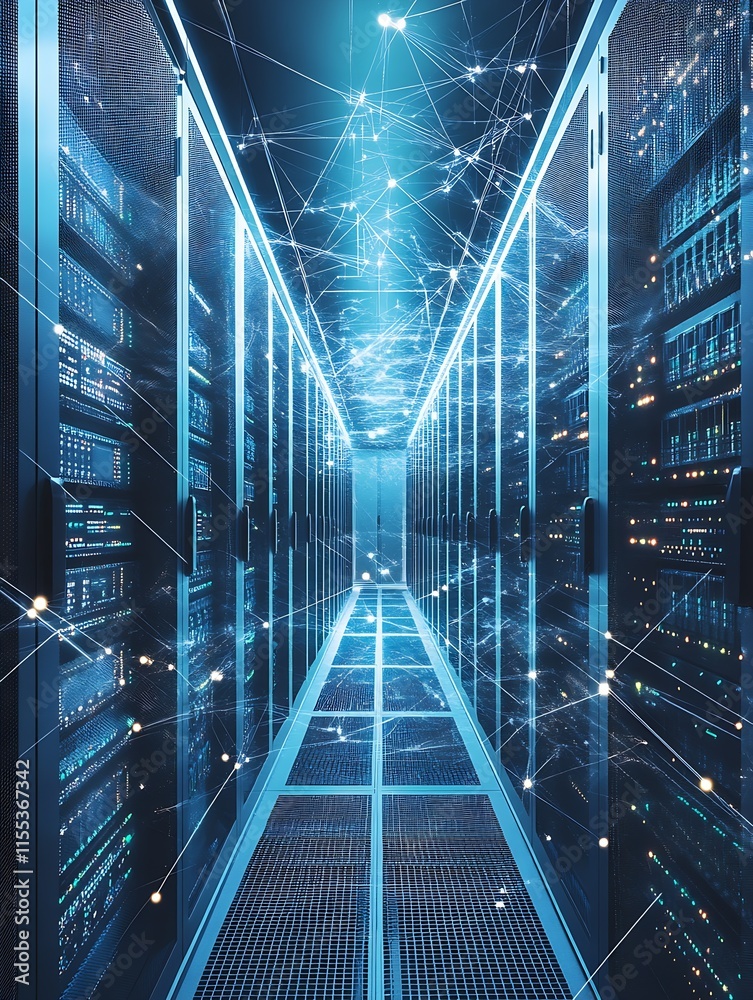Poster Futuristic Data Center With Digital Network Effects and Server Racks : Generative AI