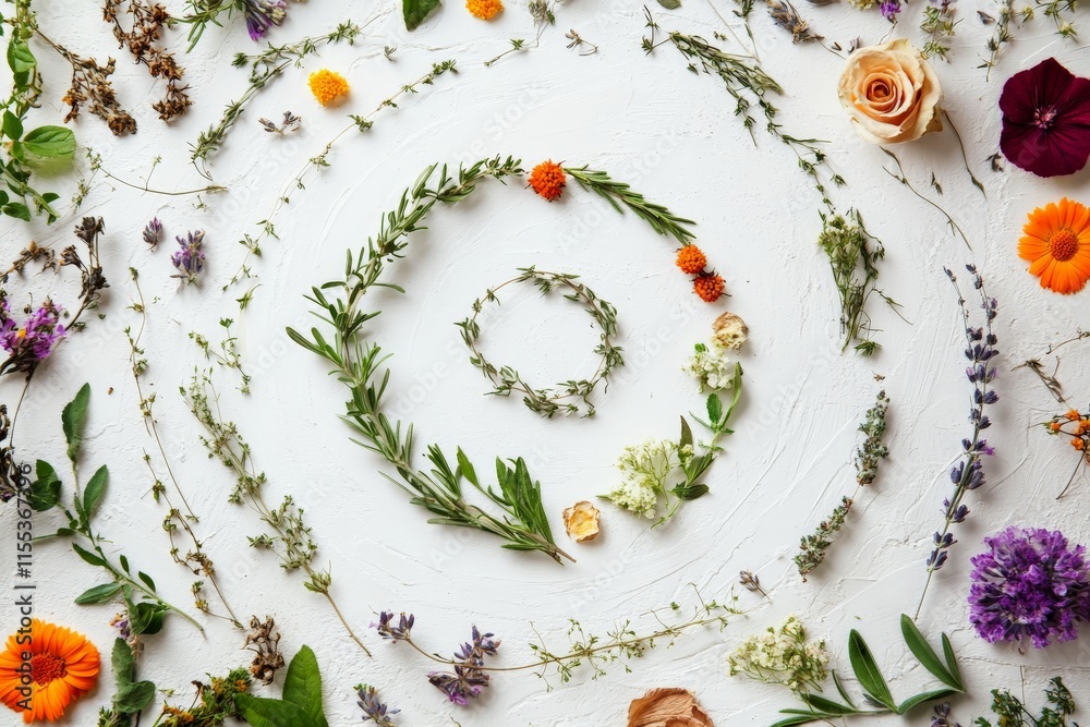 Poster an artistic spiral pattern composed of different types of flowers and leaves beautifully arranged on