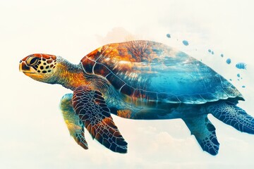 Fototapeta premium A sea turtle glides through a vibrant underwater world, showing an enchanting blend of coral reefs and marine life, exquisitely illustrating the ocean's rich tapestry.