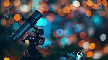 The telescopes and stargazers appear as muted figures in the defocused images of the outdoor event.