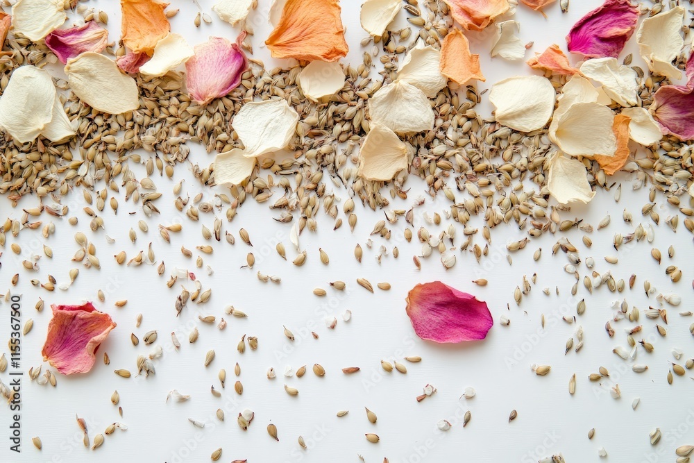 Poster A mix of dried flower petals and seeds create an artistic display on a smooth white surface, perfect for adding a touch of nature to your design or décor projects.