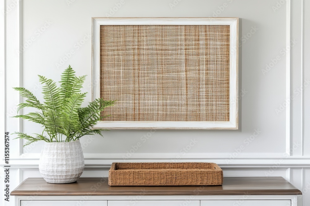 Poster a decorative fern in a stylish vase pairs with woven wall art and a wicker tray, set against a class