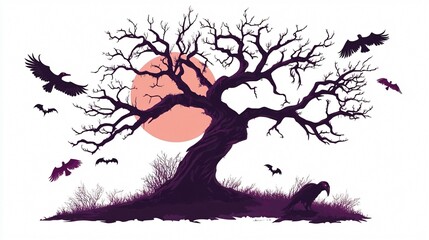 Eerie Devil Tree Silhouette with Dry Branches and Vultures