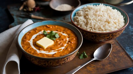 Rich and creamy dal makhani topped with butter, served with steamed basmati rice and garnished with cilantro on rustic table