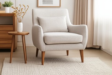 A stylish mid-century modern armchair boasts a clean design with a neutral fabric, accompanied by a small wooden table and vase, embodying elegance and simplicity.