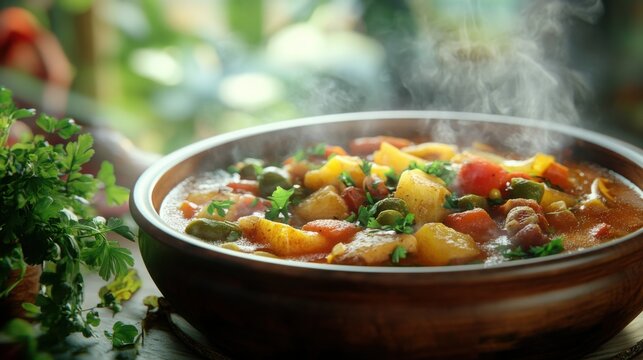 Steaming hot vegetable stew in wooden bowl.