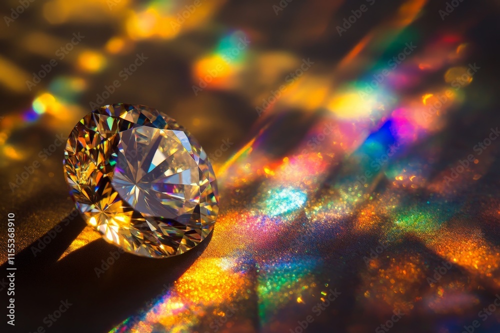Poster a stunning diamond reflects vibrant rainbow-colored light patterns on a surface, creating a mesmeriz