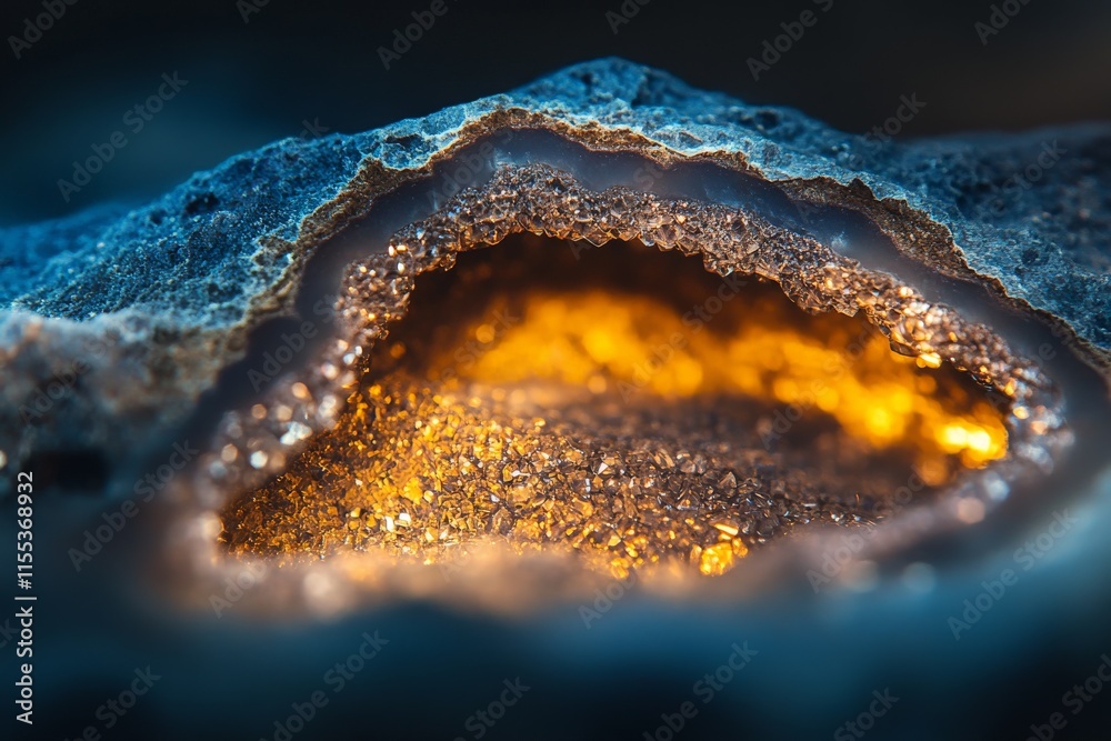 Poster a mesmerizing image of a geode with radiant golden crystals, capturing the natural beauty and allure