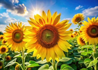 Fototapeta premium Sunflowers Garden Photography: Vibrant Summer Blooms Under Blue Sky