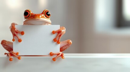 A lively frog with large eyes and distinctive orange toes firmly grasping a blank sign, giving a curious and unique appearance against light background.