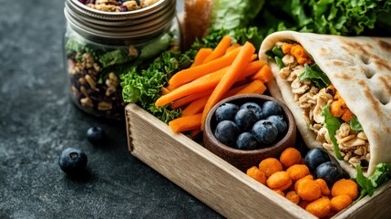 A neat wooden box with a visually appealing arrangement of nutritious food, including a wrap, fresh vegetables, fruits, and grains, ideal for a healthy lifestyle.